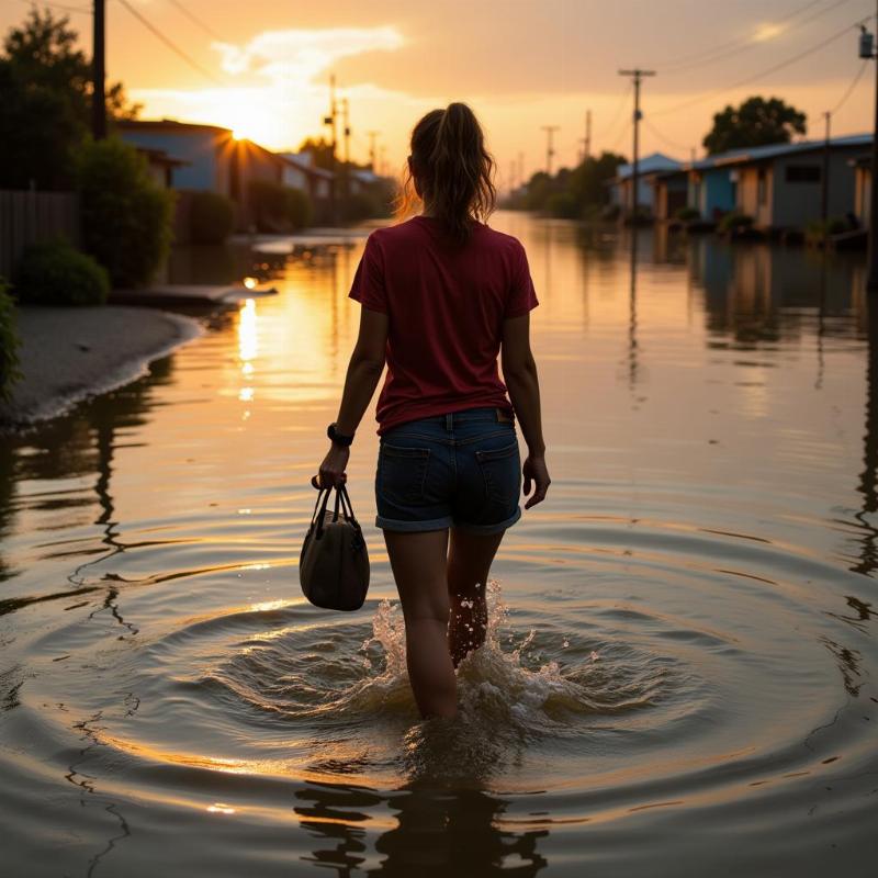 Woman escaping floodwaters