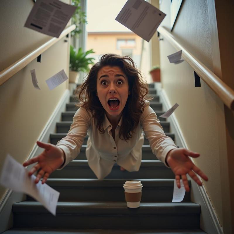 Woman falling down stairs