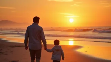 Father and Child Walking on Beach