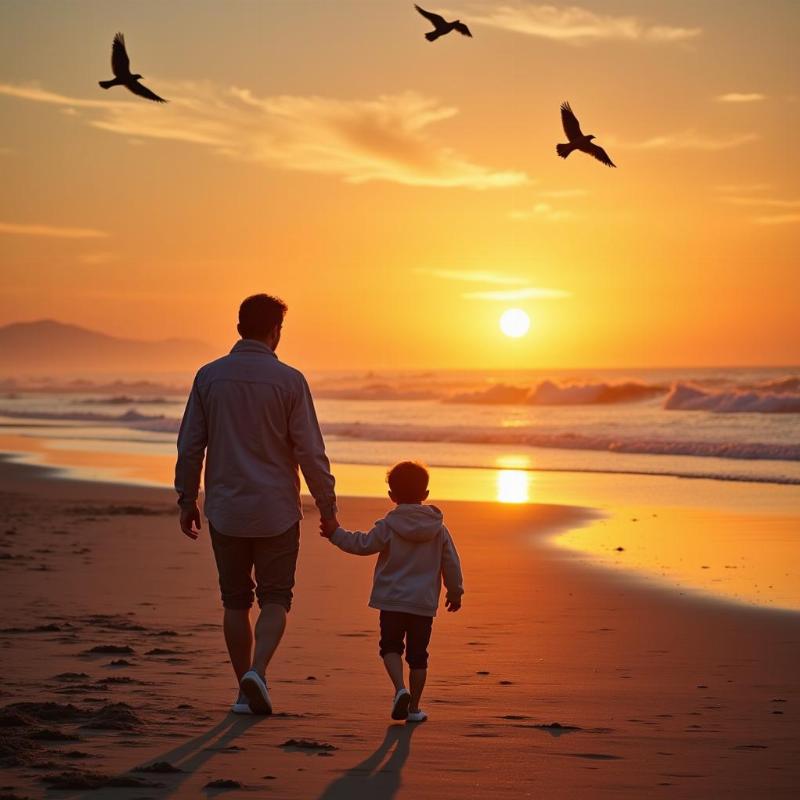 Father and Child Walking on Beach