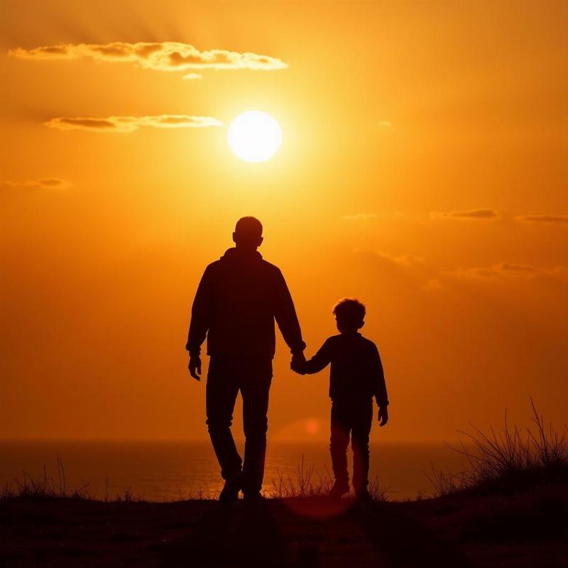 Father and Son Walking at Sunset