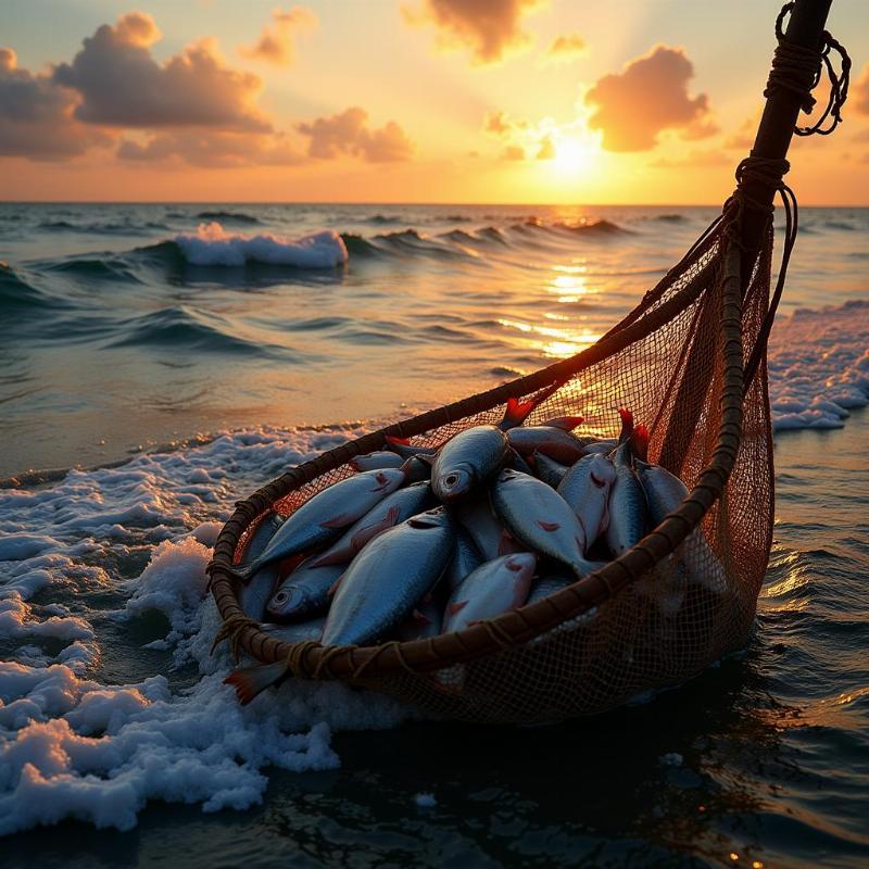 A fisherman's net being pulled from the sea, filled with fish, as the sun sets on the horizon