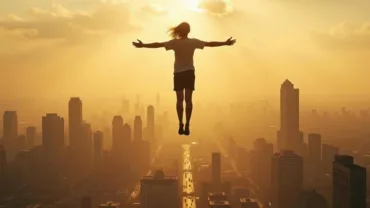 Person floating above a city skyline