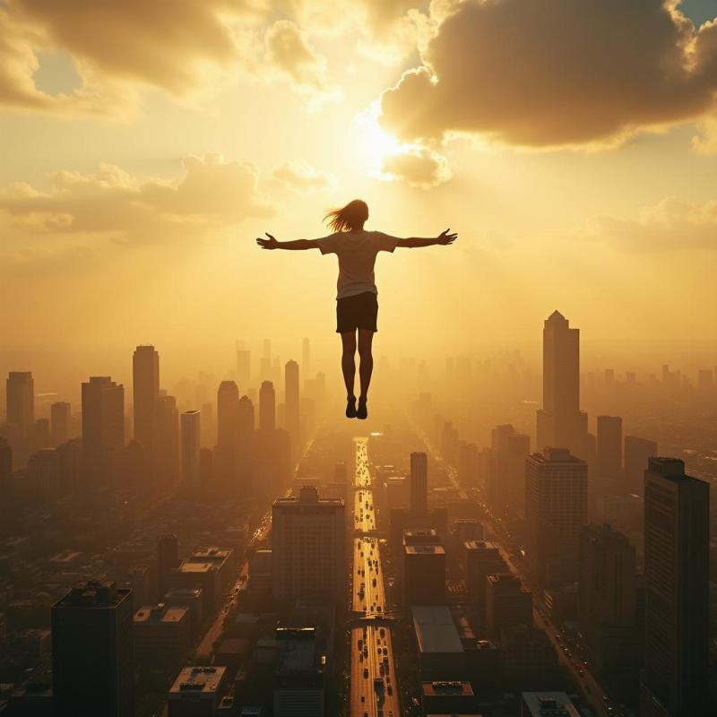 Person floating above a city skyline