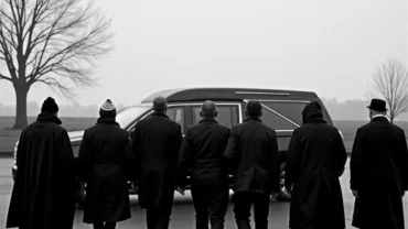 A solemn funeral procession moving slowly under a cloudy sky.