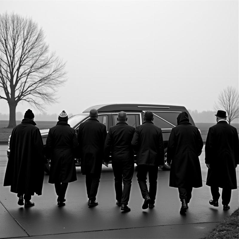 A solemn funeral procession moving slowly under a cloudy sky.