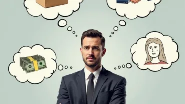 Man looking stressed in a suit with thought bubbles of being fired and other anxieties