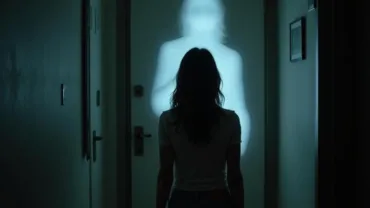 Woman standing in a dark hallway with a shadowy figure behind her