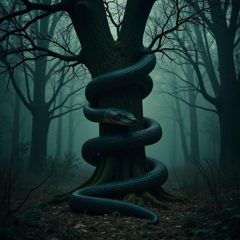 Giant snake coiled in a forest