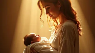 Woman standing in a bright light holding a newborn baby