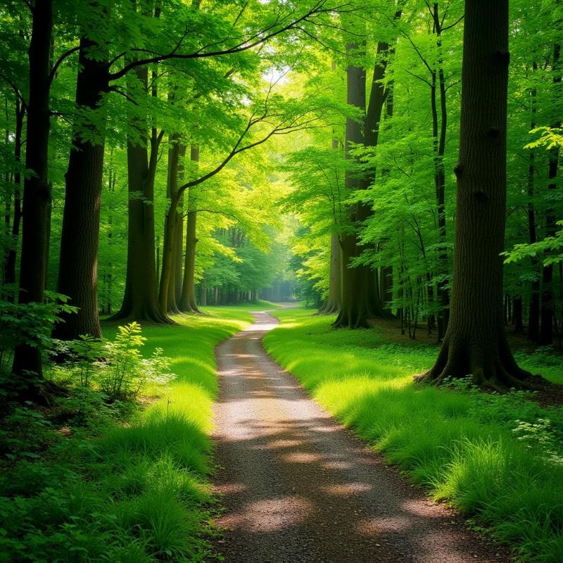 Tranquil green forest path bathed in sunlight