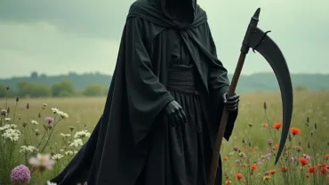 Grim Reaper in a field of flowers