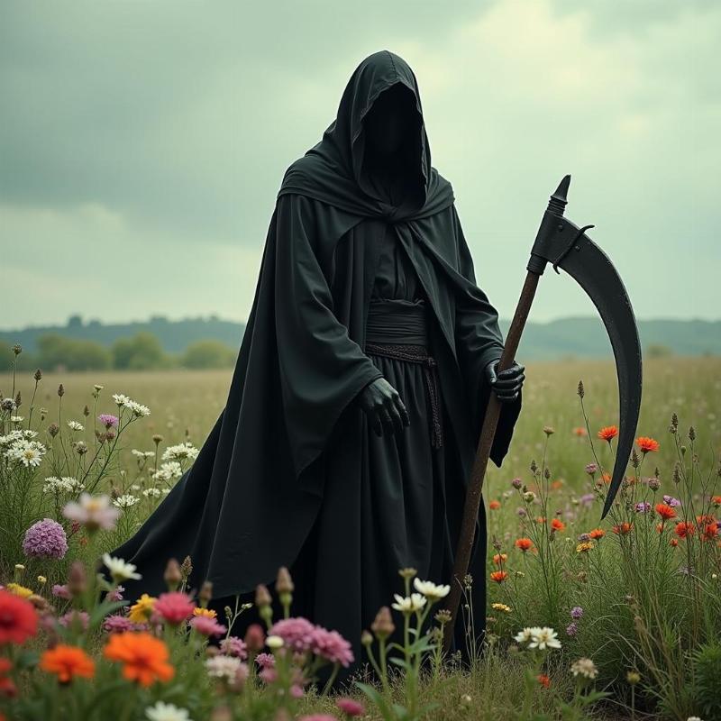 Grim Reaper in a field of flowers