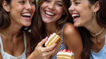 Group of friends enjoying cake together