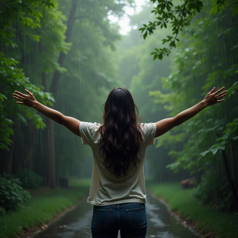 Woman standing in heavy rain with arms outstretched, feeling cleansed