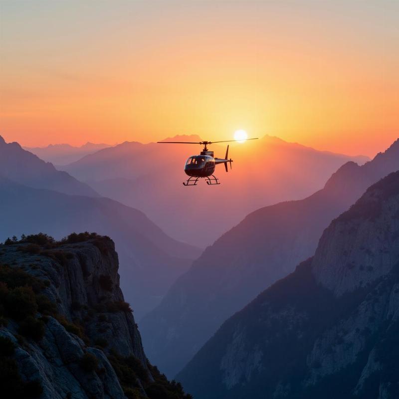 Helicopter soaring above mountain range