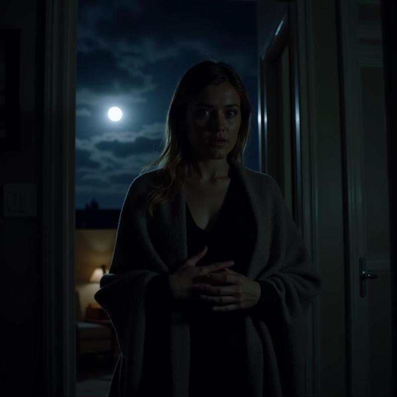 Woman standing in a darkened doorway, clutching a blanket to her chest, her expression reflecting fear and vulnerability.