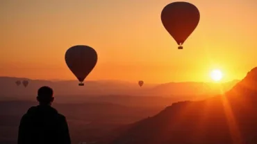 A person in a hot air balloon looking out at the sunrise