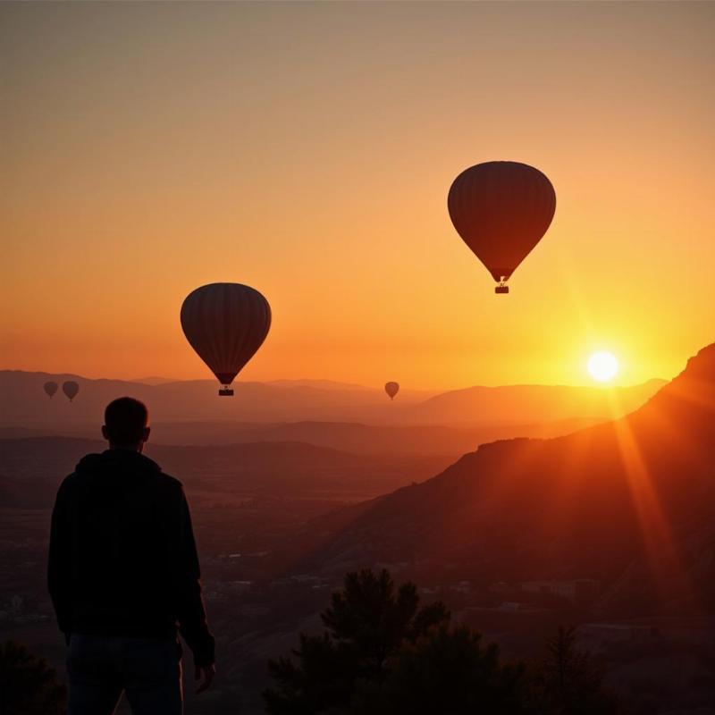 A person in a hot air balloon looking out at the sunrise