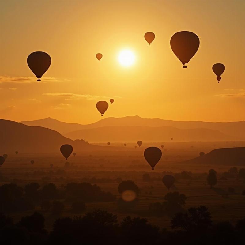 Several hot air balloons floating over a picturesque landscape at sunset