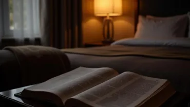 Open Bible on bedside table in hotel room