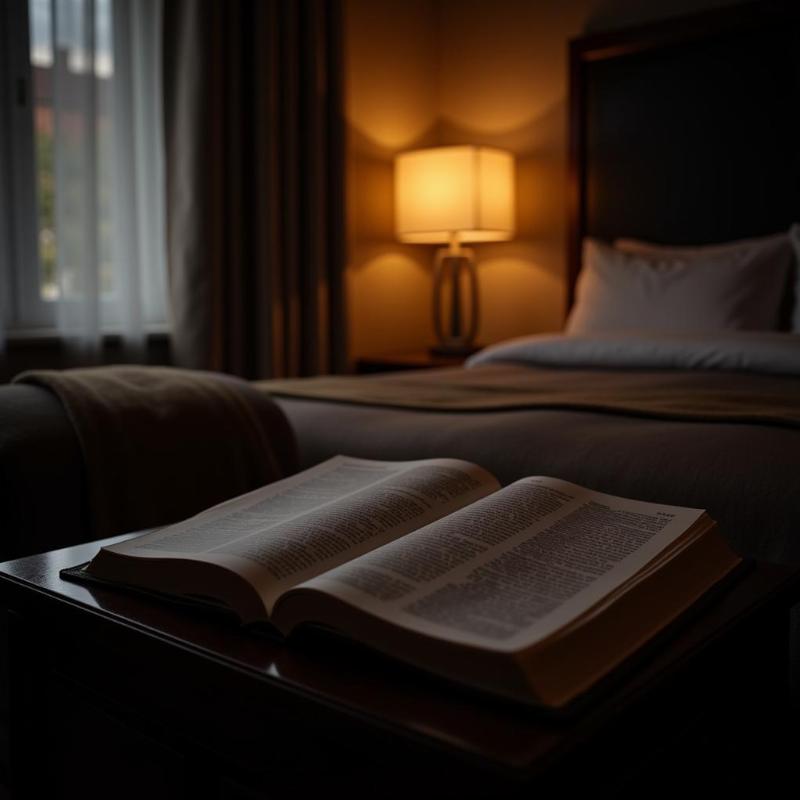 Open Bible on bedside table in hotel room