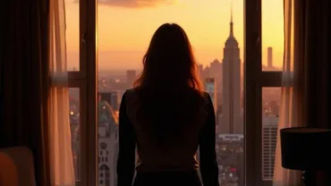 Woman gazing out of hotel room window