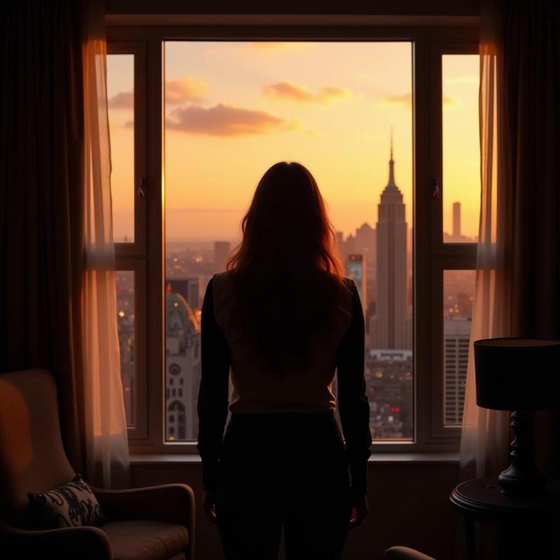 Woman gazing out of hotel room window