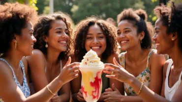 A group of friends laughing while enjoying a colorful ice cream sundae together on a sunny patio.