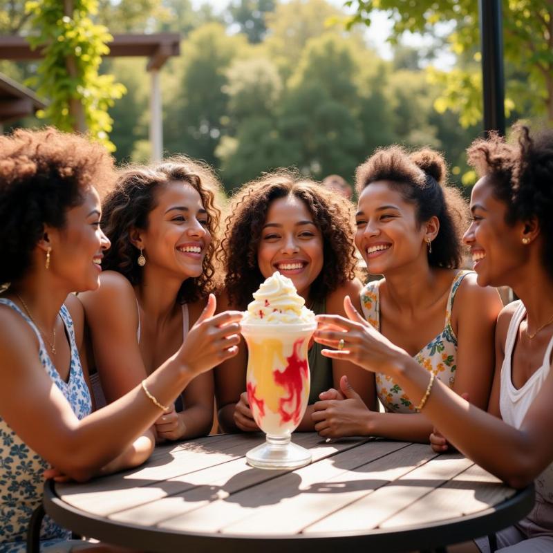 A group of friends laughing while enjoying a colorful ice cream sundae together on a sunny patio.