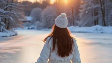 Woman ice skating alone on a frozen lake