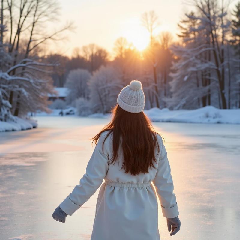 Woman ice skating alone on a frozen lake