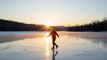 A lone figure ice skating on a vast frozen lake