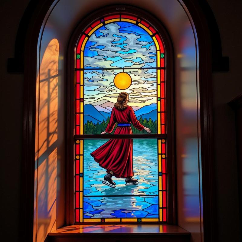 Stained glass window depicting a figure ice skating