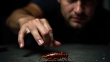 A hand reaching out to squash a cockroach