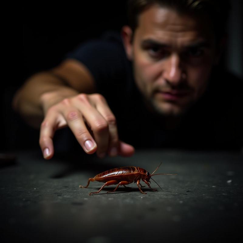 A hand reaching out to squash a cockroach