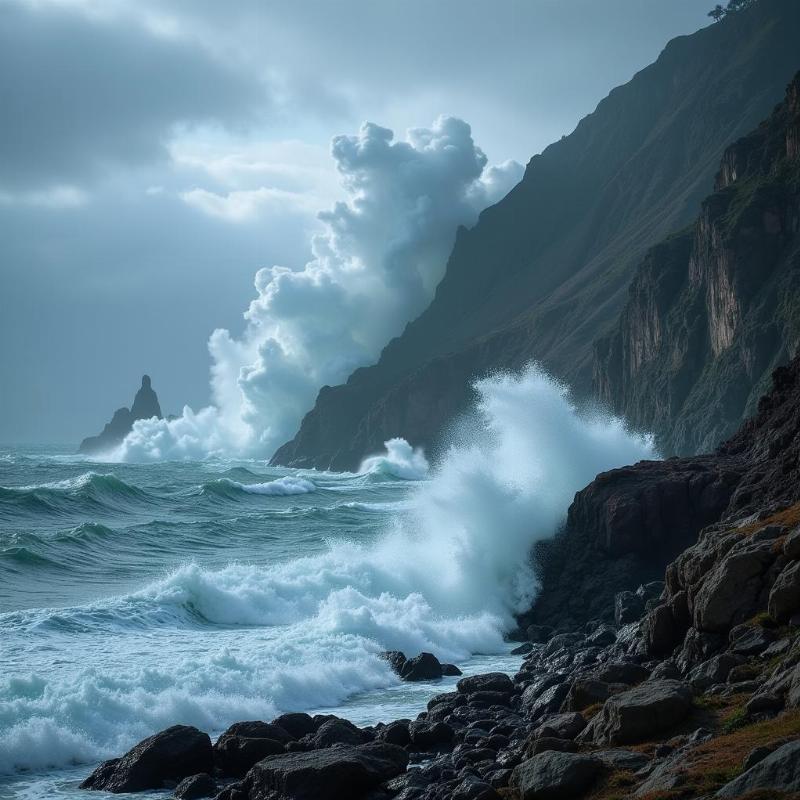 Powerful waves crashing against a rocky coast