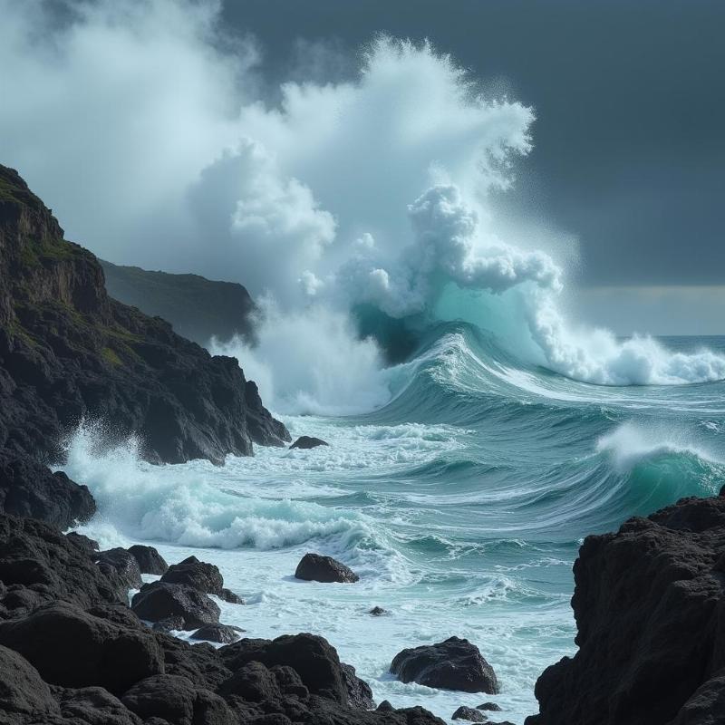 Large waves crashing on a rocky shore