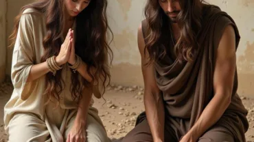 Man and woman praying with heads bowed