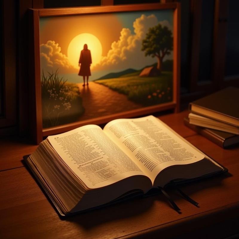 Open Bible with radiant light and manhwa panel