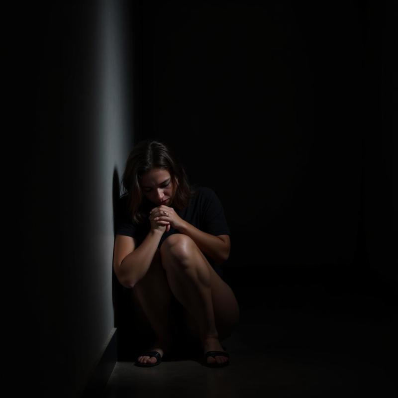 Woman huddled in fear, surrounded by shadows