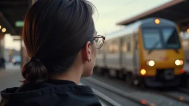 Regretful person watching a train leave the station