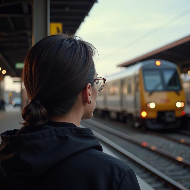 Regretful person watching a train leave the station