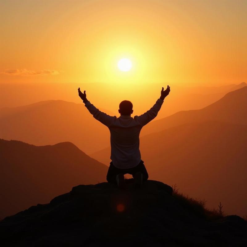 Silhouette of a person praying on a mountain at sunrise