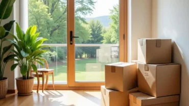 Moving boxes stacked in a bright, spacious new home