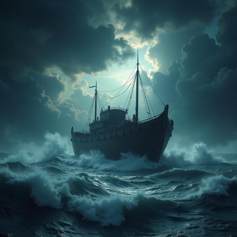 Noah's Ark floating safely on stormy waters, representing protection and divine guidance