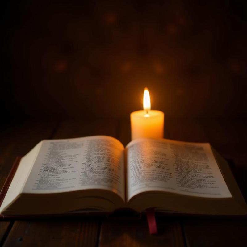 Open Bible with beeswax candle burning