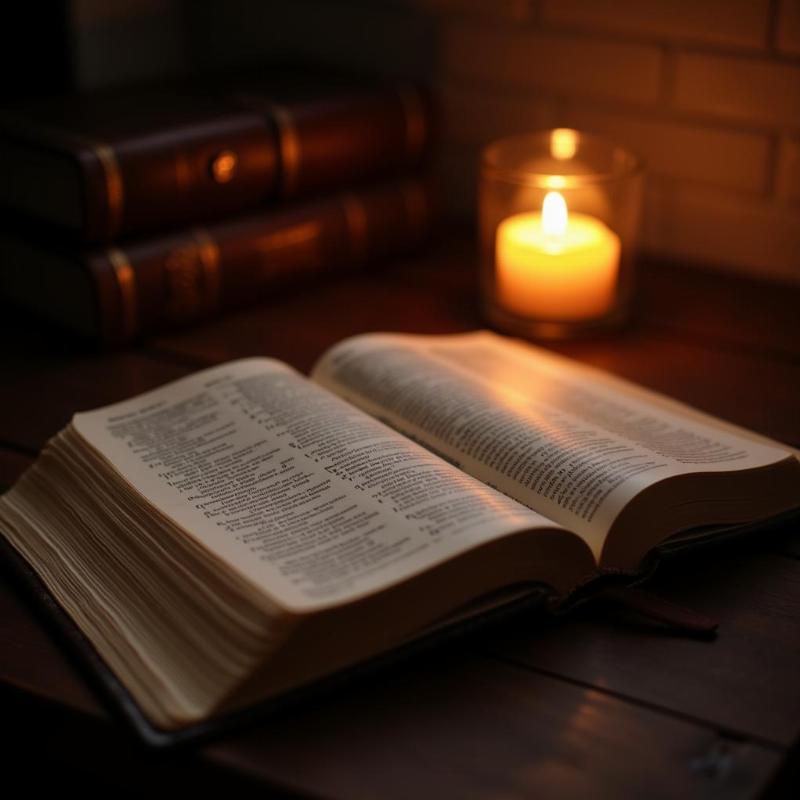 Open Bible illuminated by candlelight