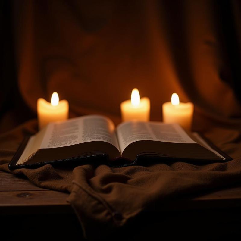 An open bible lies on a table illuminated by warm candlelight.