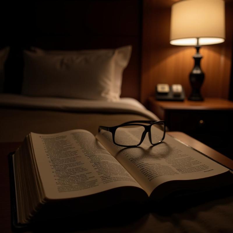 Open Bible on a hotel room nightstand